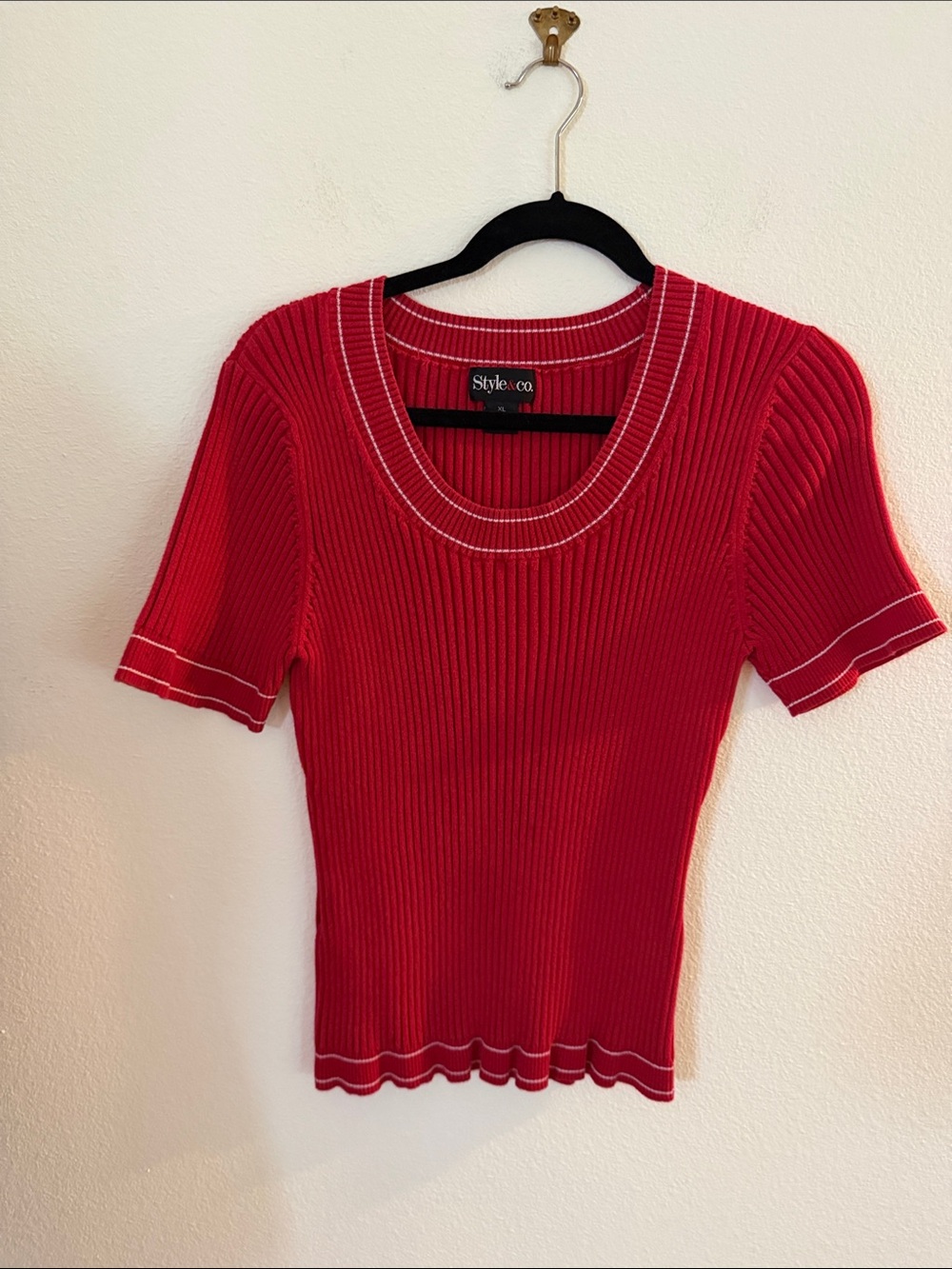Style & Co. Bright Red Ribbed Short-Sleeve Knit Top with Contrast Stitch